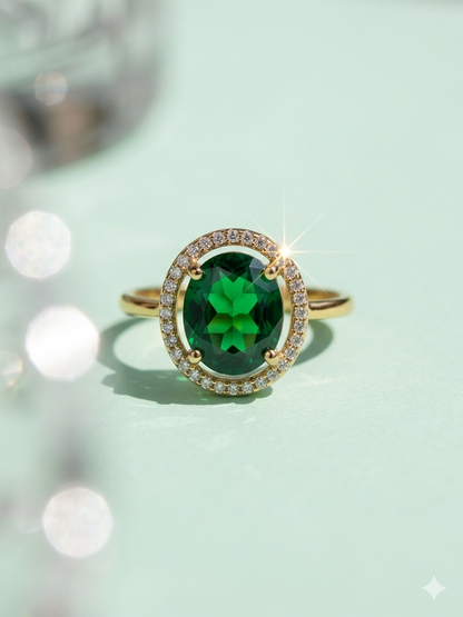 Royal Emerald-Green Oval Halo AD Ring in Gold Finish