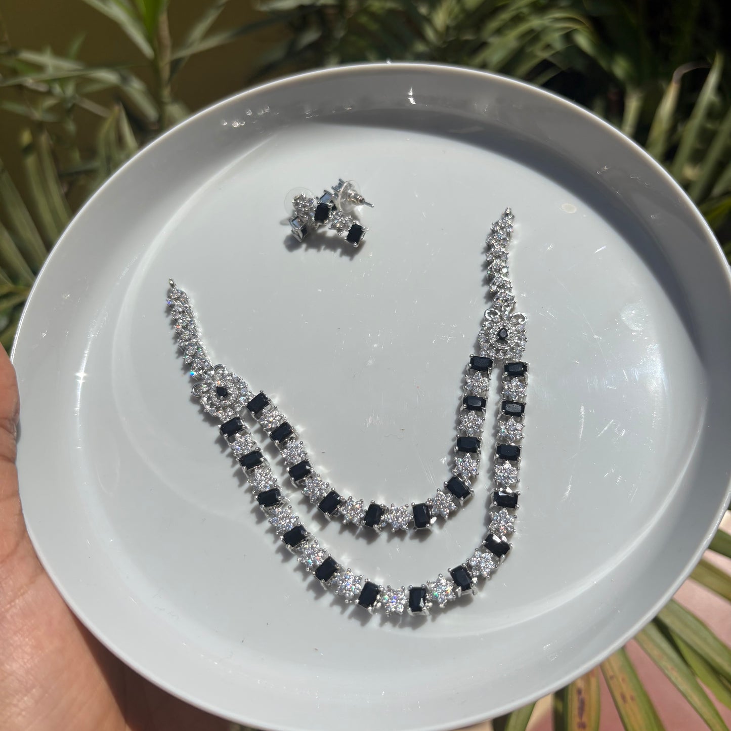 Regal Noir Double-Layered Square-Cut AD Necklace Set - Premium Silver Finish