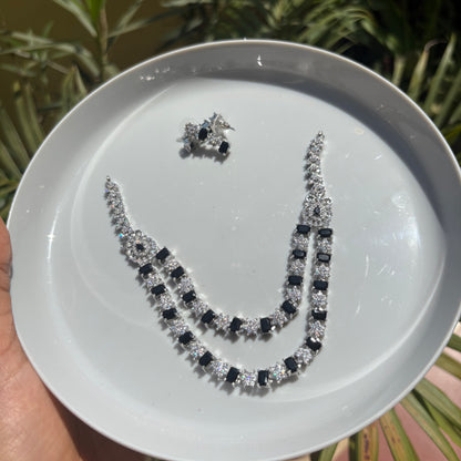 Regal Noir Double-Layered Square-Cut AD Necklace Set - Premium Silver Finish