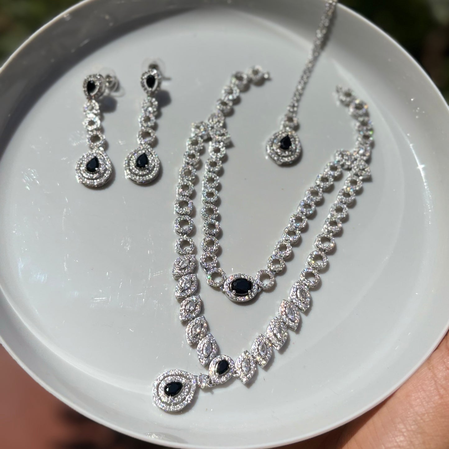 Midnight Bloom Double-Layered AD Necklace Set with Maang Tikka - Silver Finish