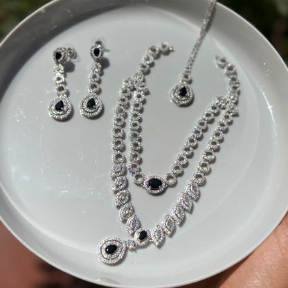 Midnight Bloom Double-Layered AD Necklace Set with Maang Tikka - Silver Finish