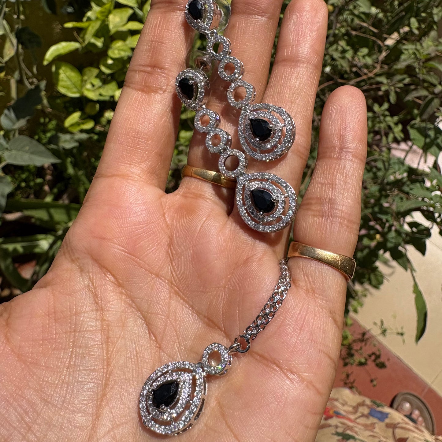 Midnight Bloom Double-Layered AD Necklace Set with Maang Tikka - Silver Finish