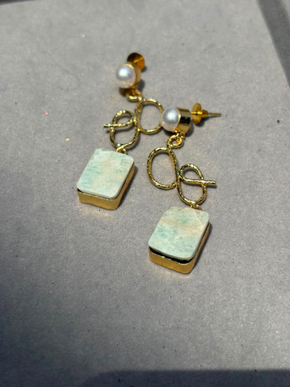 Mint Green Stone Statement Drop Earrings for Women | Gold Tone Pearl Earrings