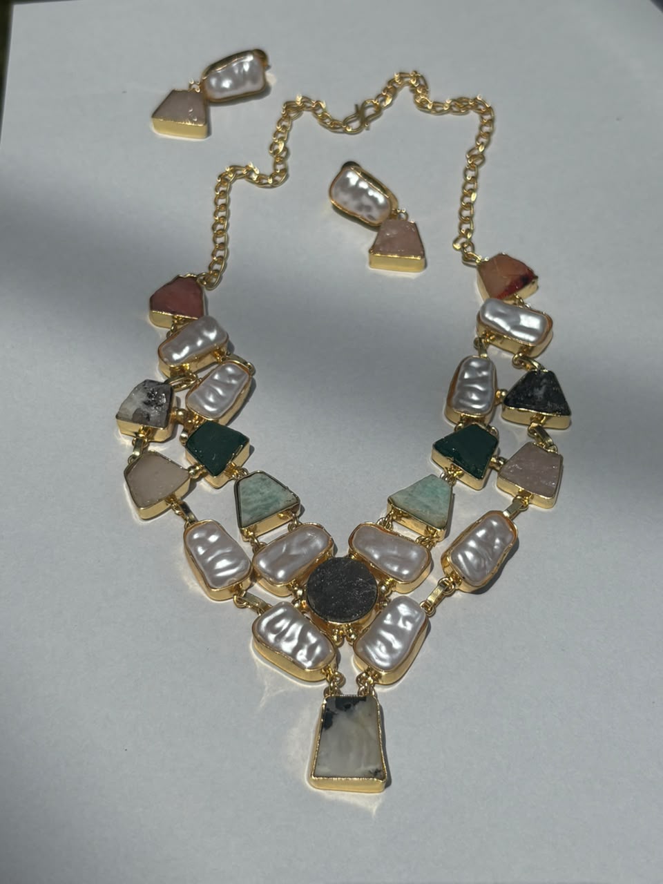 Multicolor Stone & Pearl Statement Necklace Set with Matching Earrings for Women