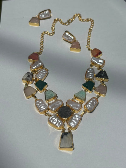 Multicolor Stone & Pearl Statement Necklace Set with Matching Earrings for Women