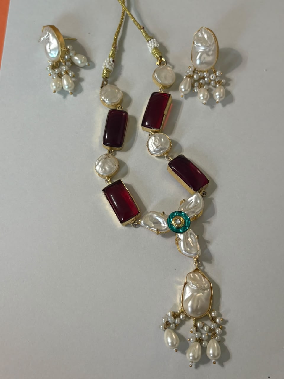 Ruby Stone & Pearl Necklace Set with Matching Earrings