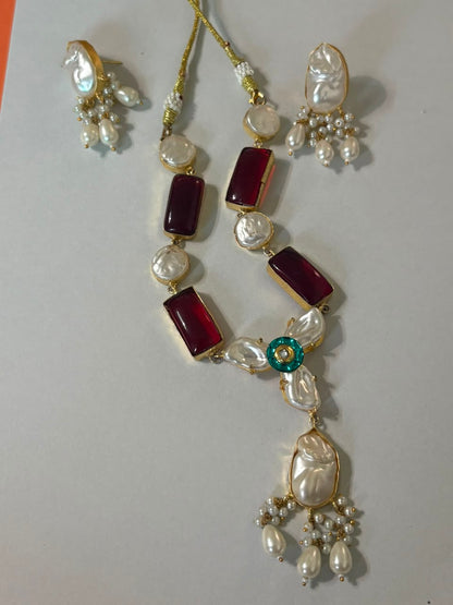 Ruby Stone & Pearl Necklace Set with Matching Earrings