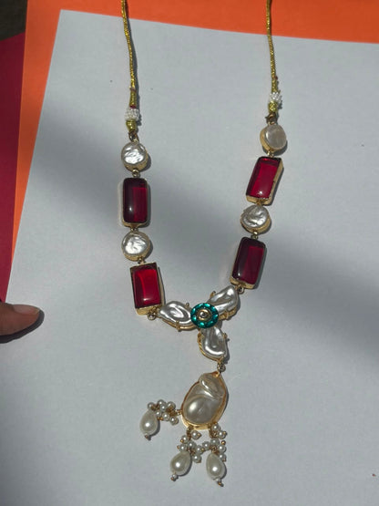 Ruby Stone & Pearl Necklace Set with Matching Earrings
