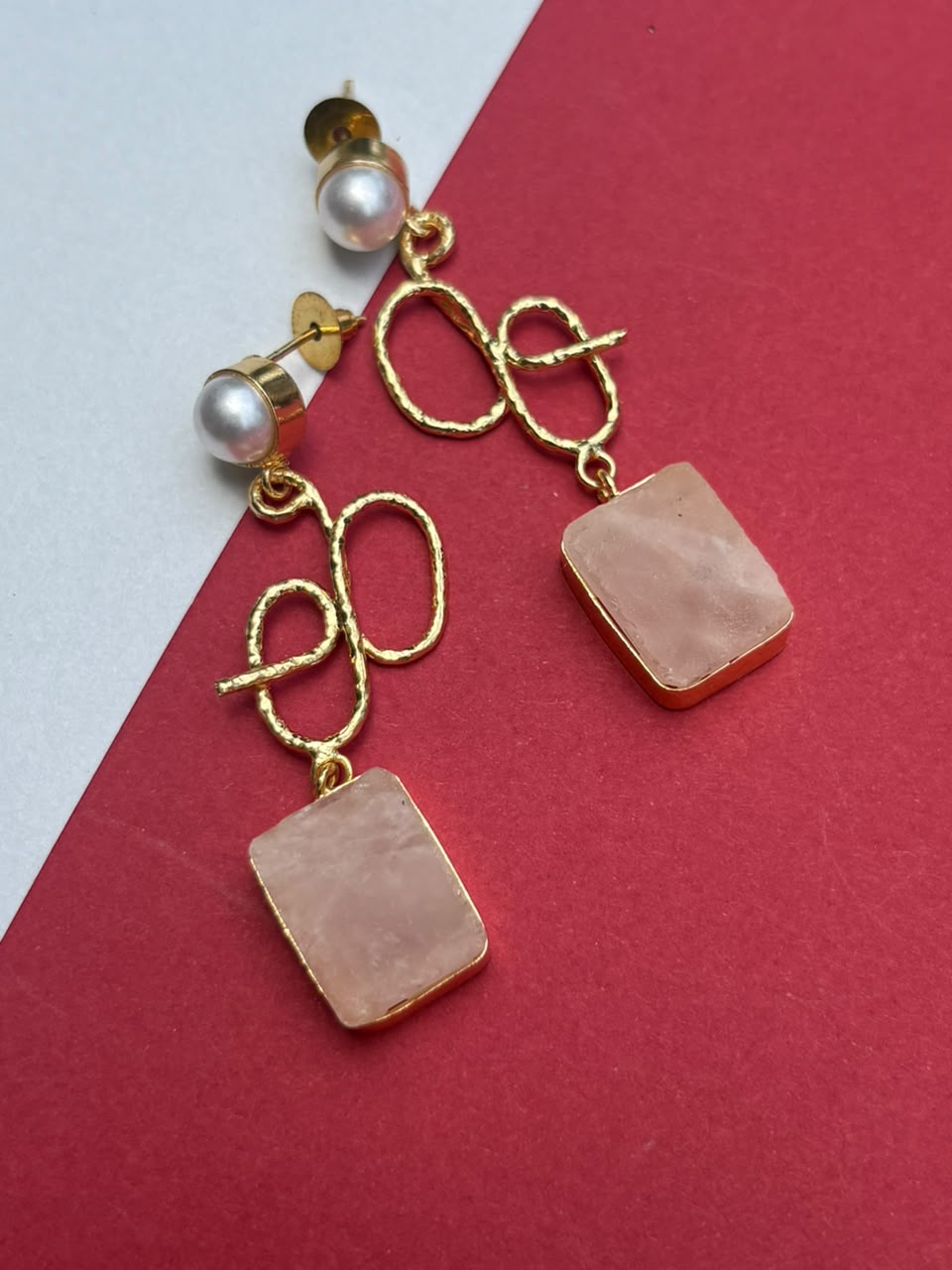Pink Stone Statement Drop Earrings for Women | Gold Tone Pearl Earrings