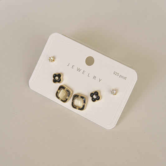 3-Pair Stud Earring Set with Crystal, Black Enamel Flower & Square Design (925 Post)