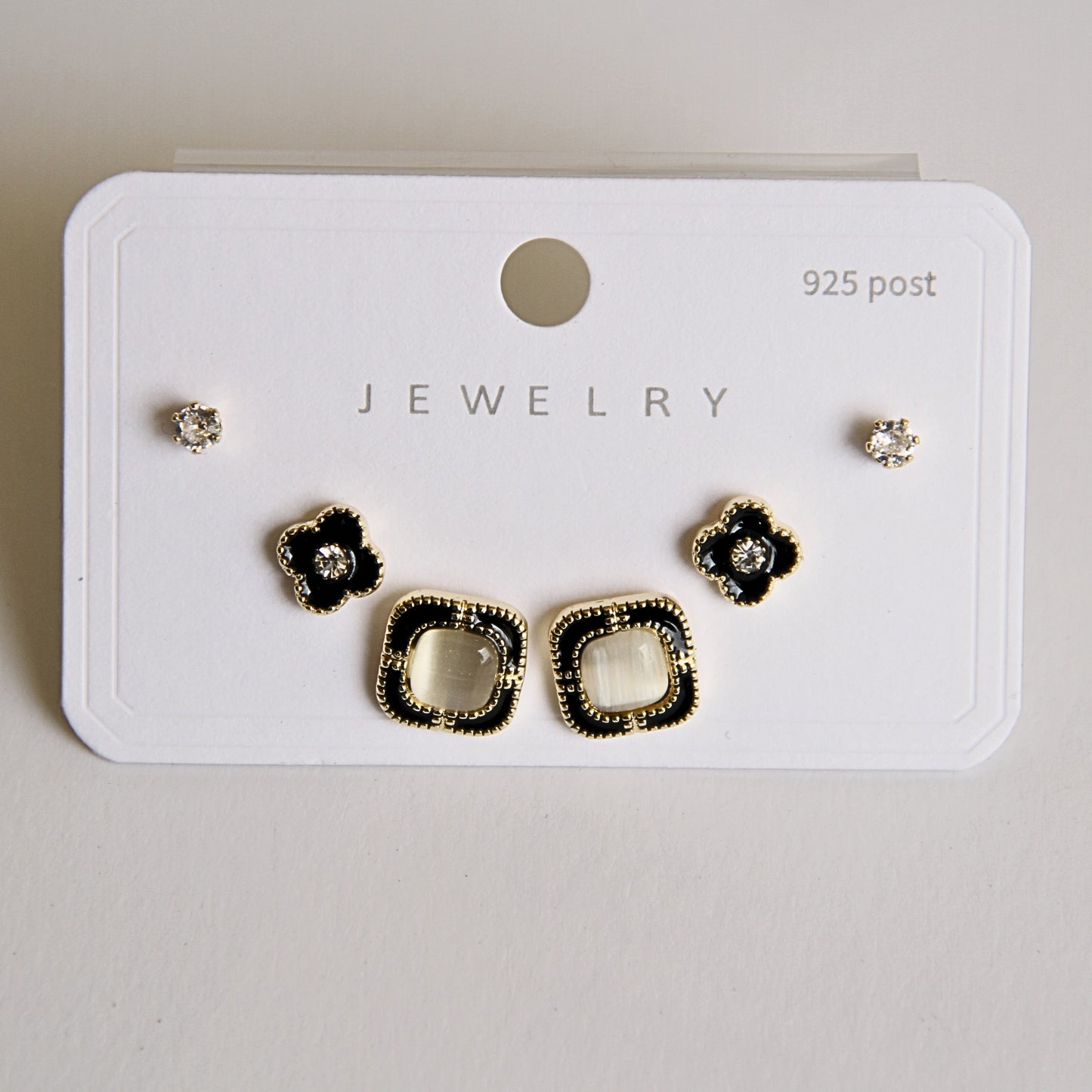 3-Pair Stud Earring Set with Crystal, Black Enamel Flower & Square Design (925 Post)