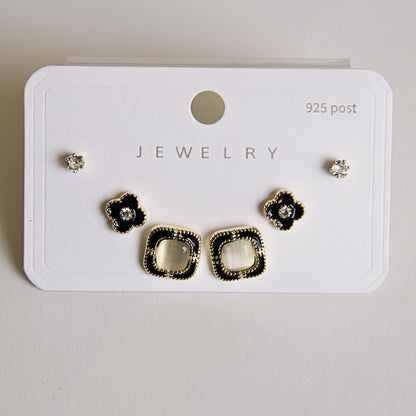 3-Pair Stud Earring Set with Crystal, Black Enamel Flower & Square Design (925 Post)