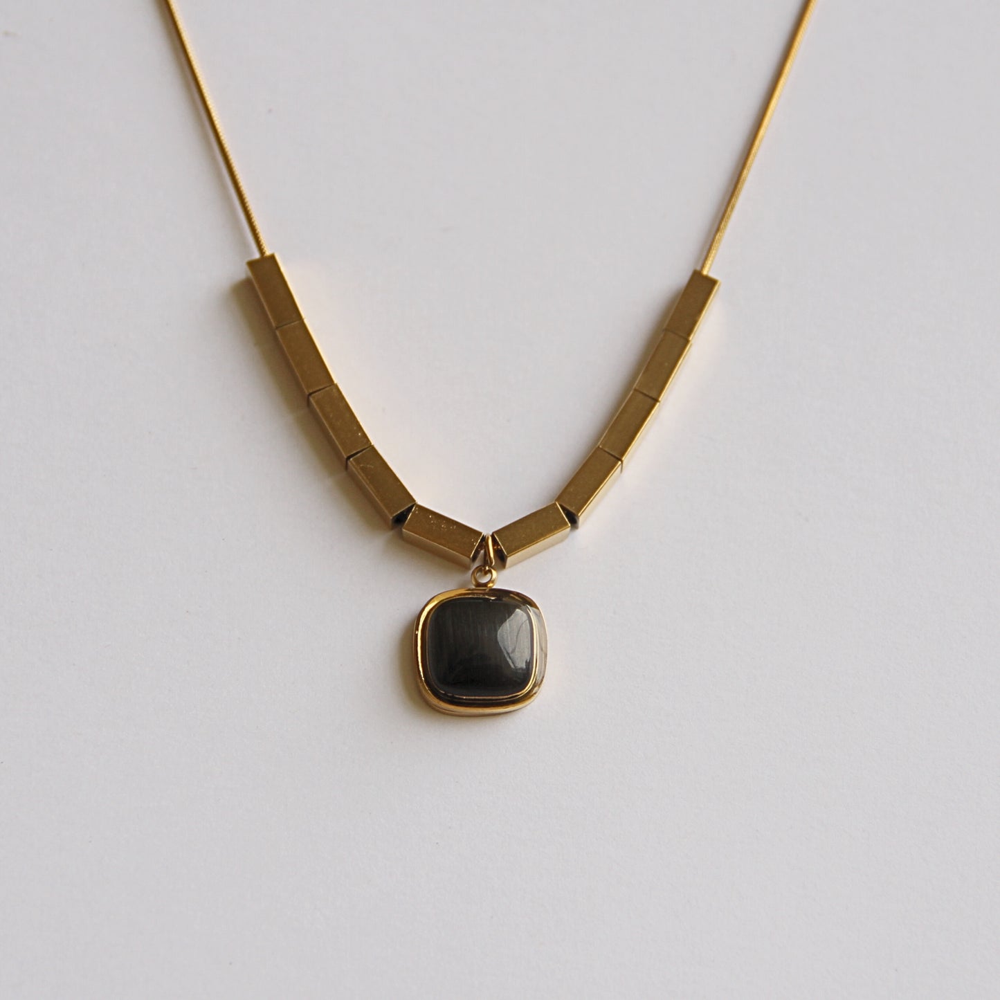 Sleek Gold-Tone Beaded Bar &amp; Black Agate Pendant Necklace