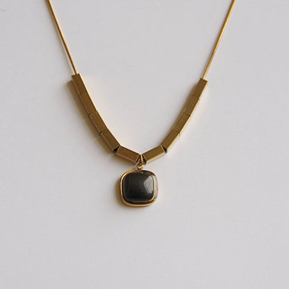 Sleek Gold-Tone Beaded Bar &amp; Black Agate Pendant Necklace