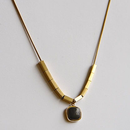 Sleek Gold-Tone Beaded Bar &amp; Black Agate Pendant Necklace