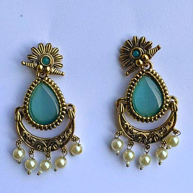Aqua Stone Antique Gold Earrings with Pearl Drops
