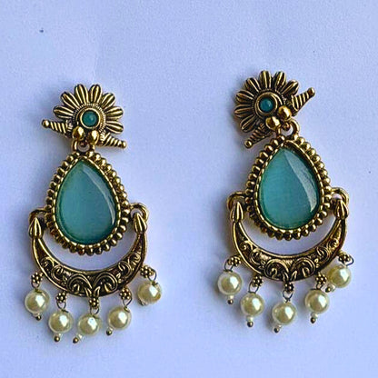 Aqua Stone Antique Gold Earrings with Pearl Drops