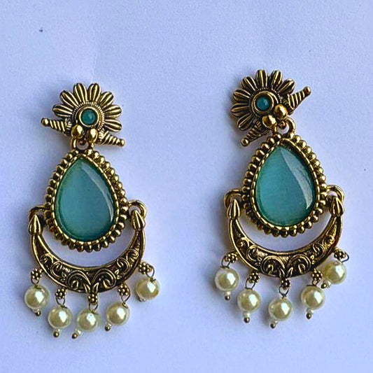 Aqua Stone Antique Gold Earrings with Pearl Drops