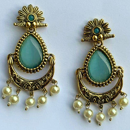 Aqua Stone Antique Gold Earrings with Pearl Drops