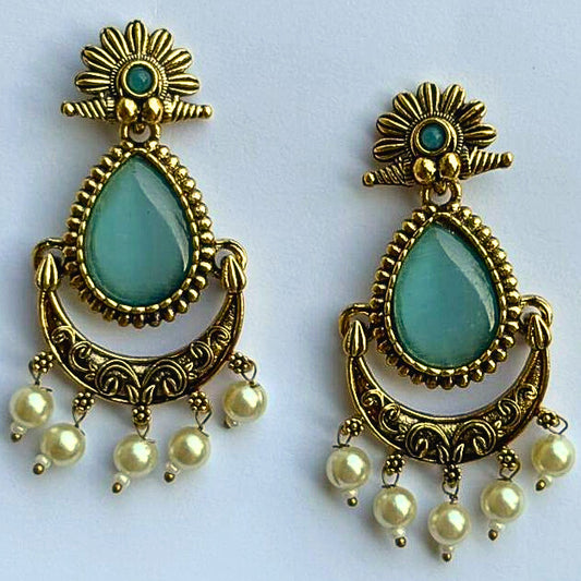 Aqua Stone Antique Gold Earrings with Pearl Drops