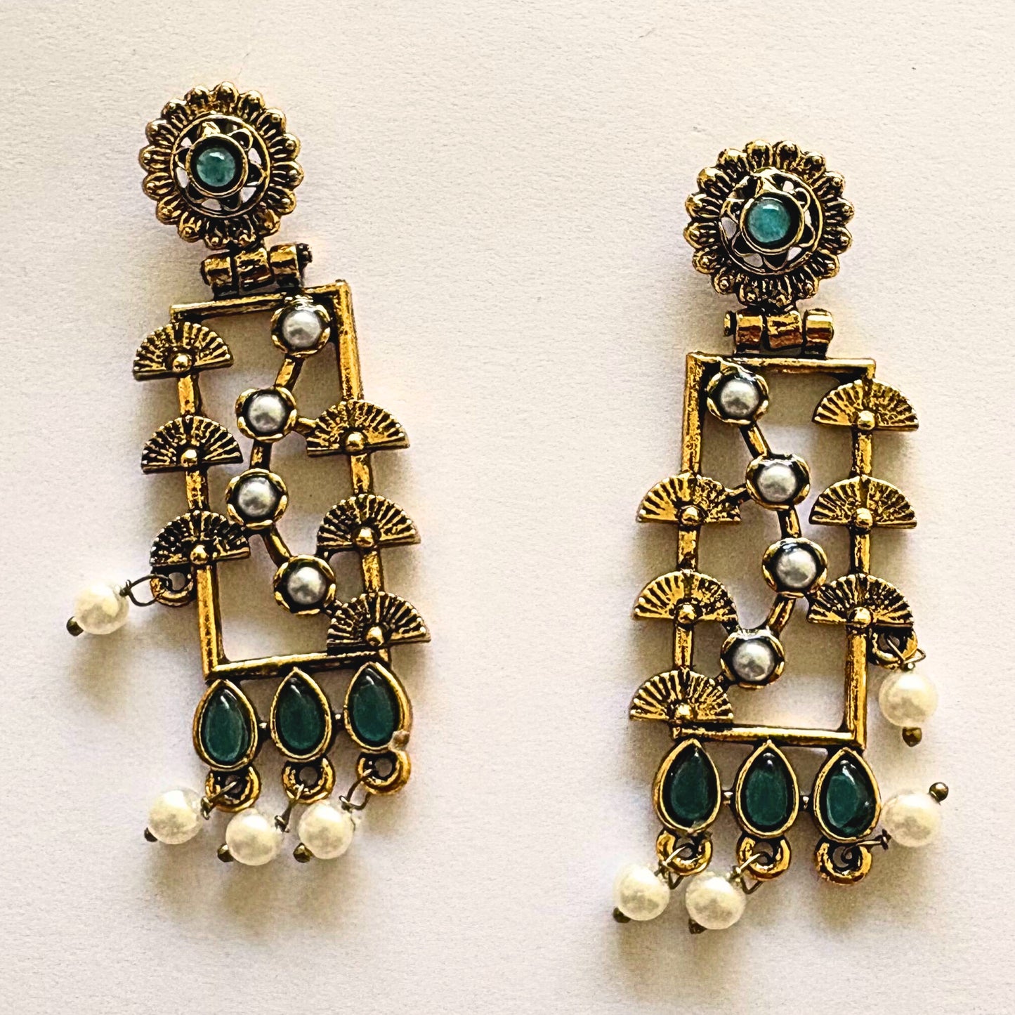 Rectangular Heritage Earrings with Teardrop Green Stones