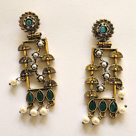 Rectangular Heritage Earrings with Teardrop Green Stones