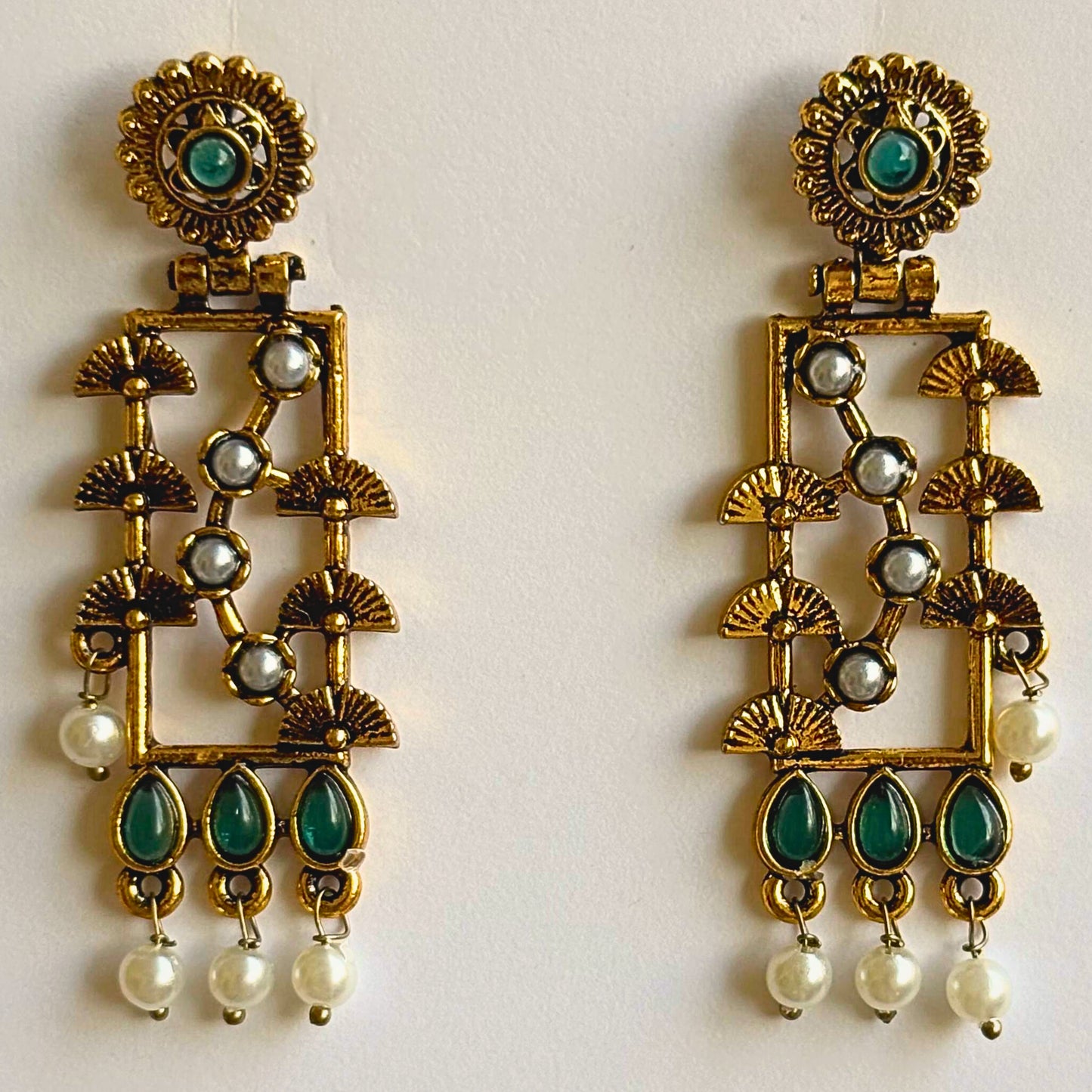 Rectangular Heritage Earrings with Teardrop Green Stones