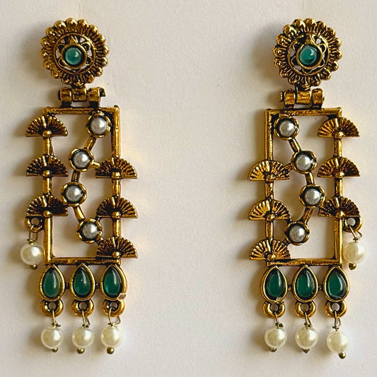 Rectangular Heritage Earrings with Teardrop Green Stones