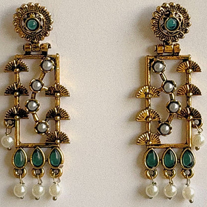 Rectangular Heritage Earrings with Teardrop Green Stones