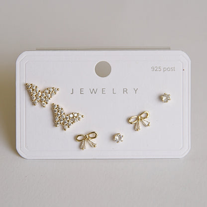 Gold Butterfly and Bow Stud Earring Set for Women – 925 Silver Post