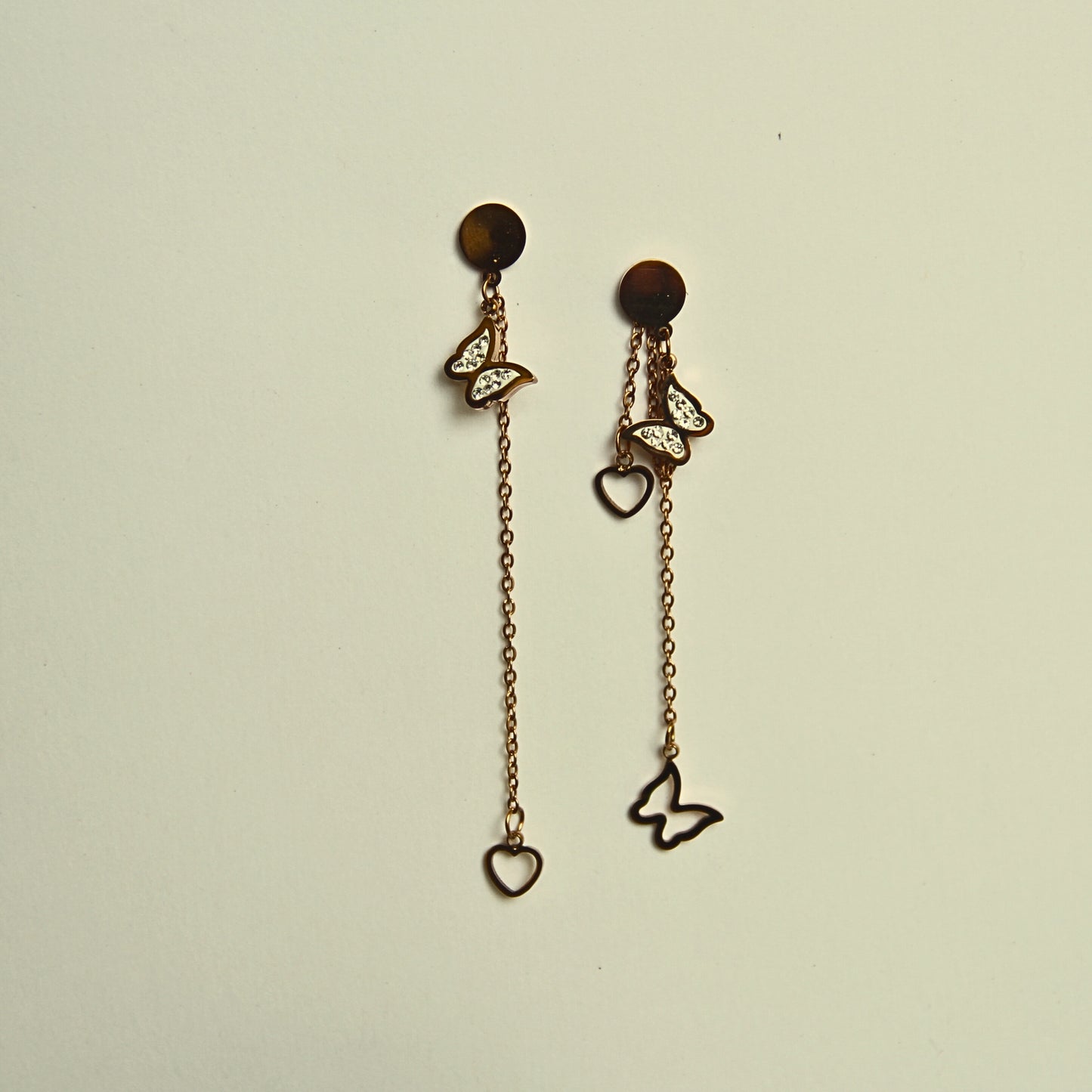 Dual Charm Long Butterfly & Heart Dangler Earrings