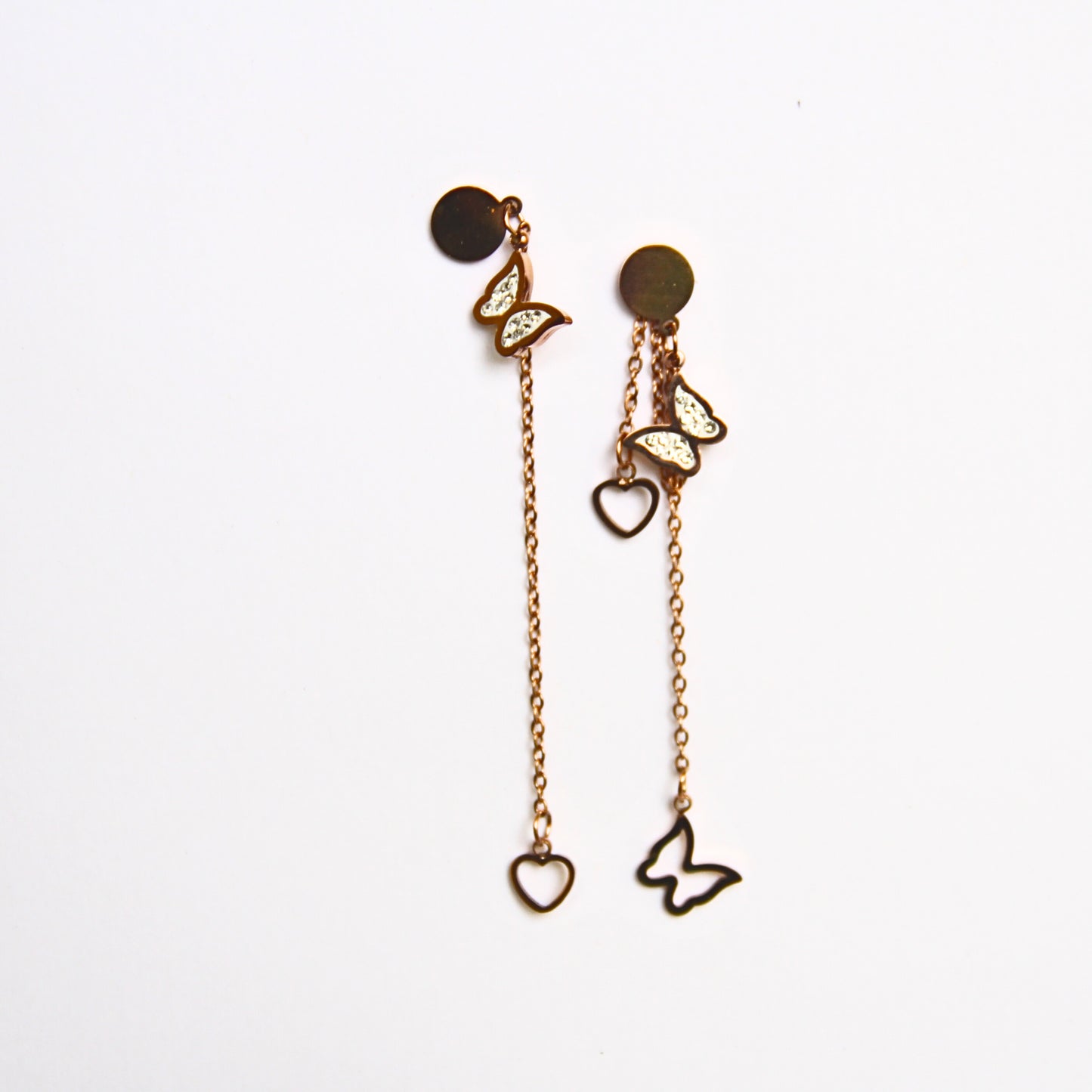 Dual Charm Long Butterfly & Heart Dangler Earrings