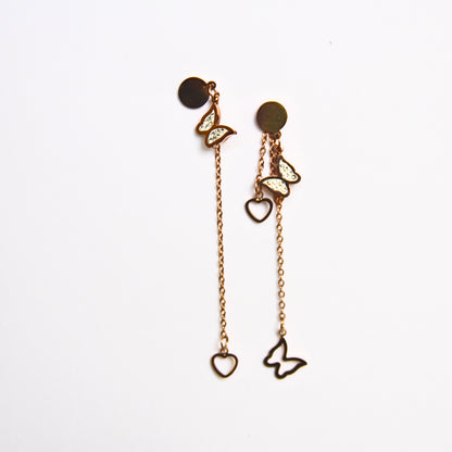 Dual Charm Long Butterfly & Heart Dangler Earrings
