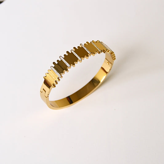 Textured Gold & Crystal Hinged Bangle like bracelet