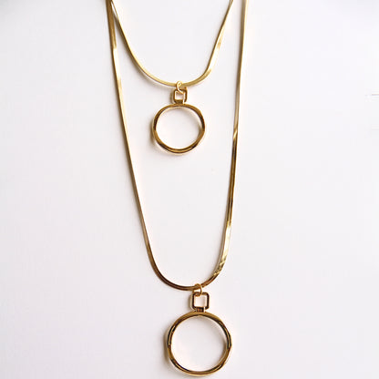 Modern Layered Gold Tone Snake Chain Necklace with Circle Pendants