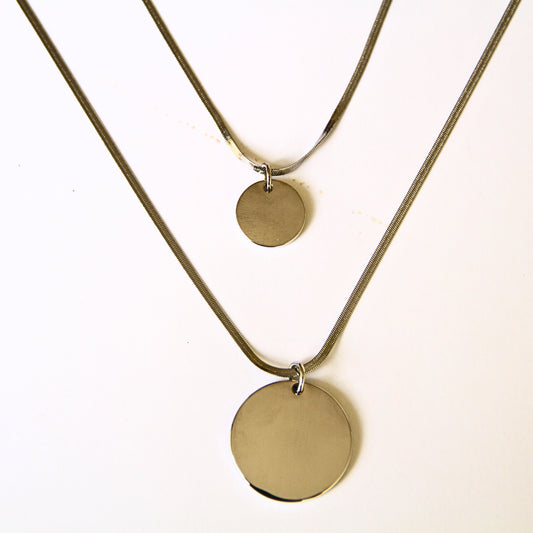 Dual Silver Tone Herringbone Chain &amp; Coin Pendant Necklace