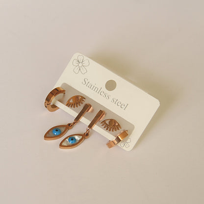 Gold Tone Evil Eye & Hoop Earring Set (3 Pairs)