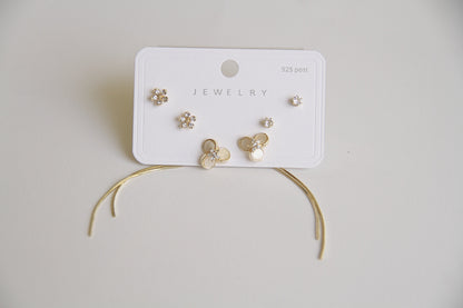 Flower & Threader Earring Set (3 Pairs)