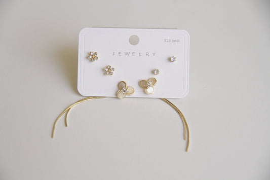 Flower & Threader Earring Set (3 Pairs)