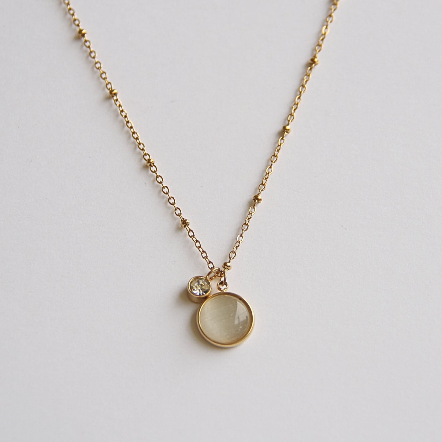 Minimalist Gold Tone Double Charm Necklace with Crystal & Gemstone