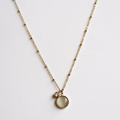 Minimalist Gold Tone Double Charm Necklace with Crystal & Gemstone
