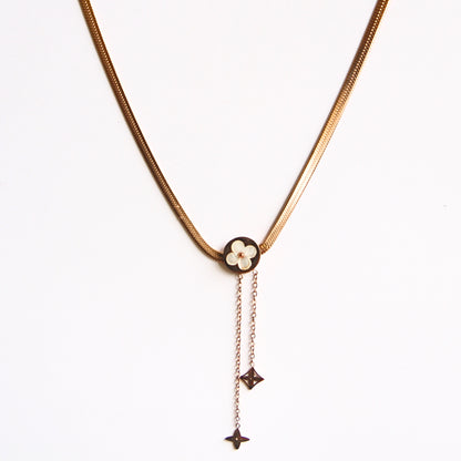 Chic Gold Tone Snake Chain Necklace with Clover Medallion & Dangles