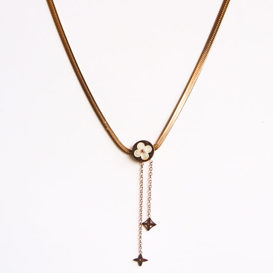 Chic Gold Tone Snake Chain Necklace with Clover Medallion & Dangles