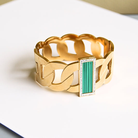 Wide Gold-Tone & Green Stone Statement Bangle