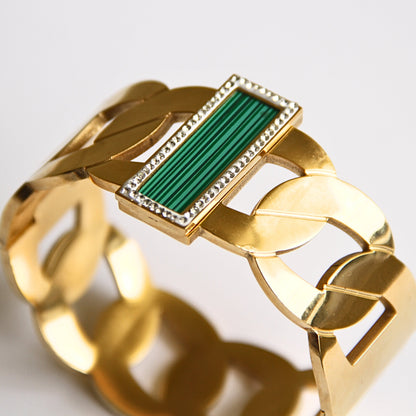 Wide Gold-Tone & Green Stone Statement Bangle