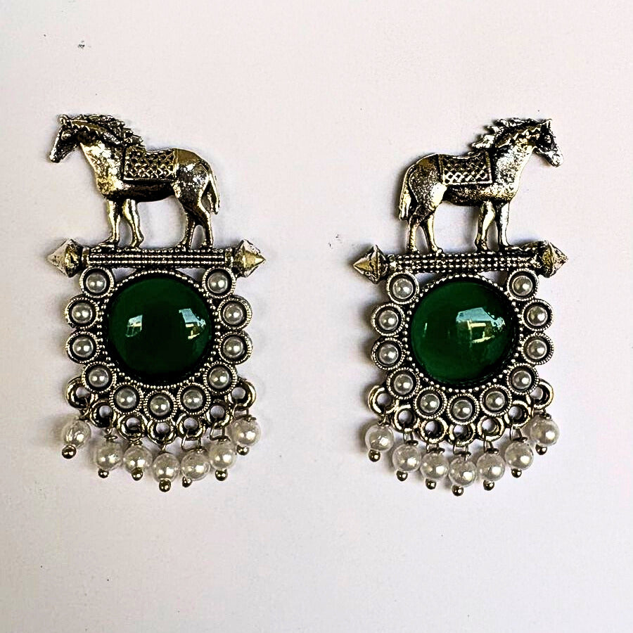 Green Stone Statement oxidised Earrings – NainNaksh Edit