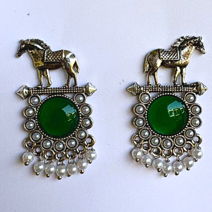Green Stone Statement oxidised Earrings – NainNaksh Edit