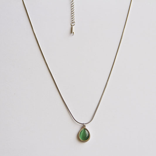 Minimalist Silver Tone Necklace with Luminous Green Teardrop Pendant
