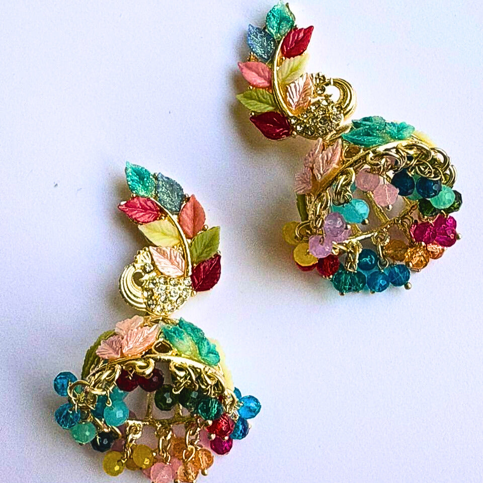Multicolor Leaf Design Earrings with Beaded Drops