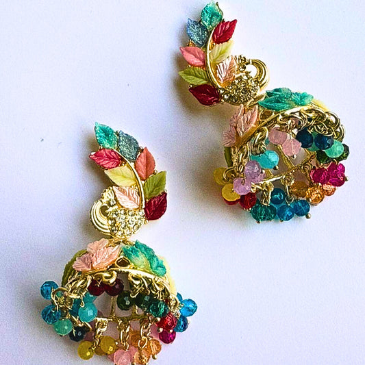 Multicolor Leaf Design Earrings with Beaded Drops